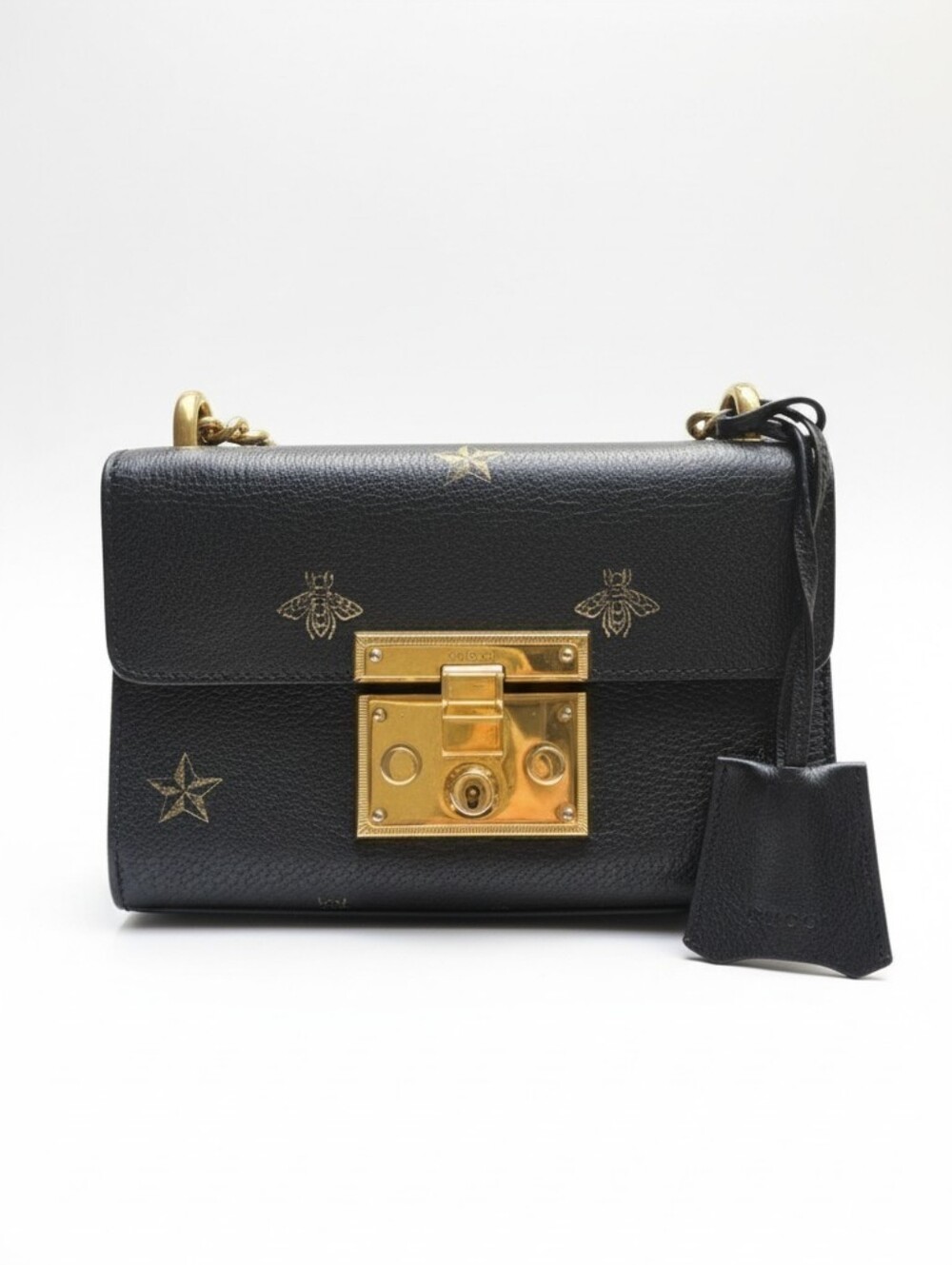 RARE Authentic Gucci Padlock Bee & Star Shoulder Bag – Black Leather